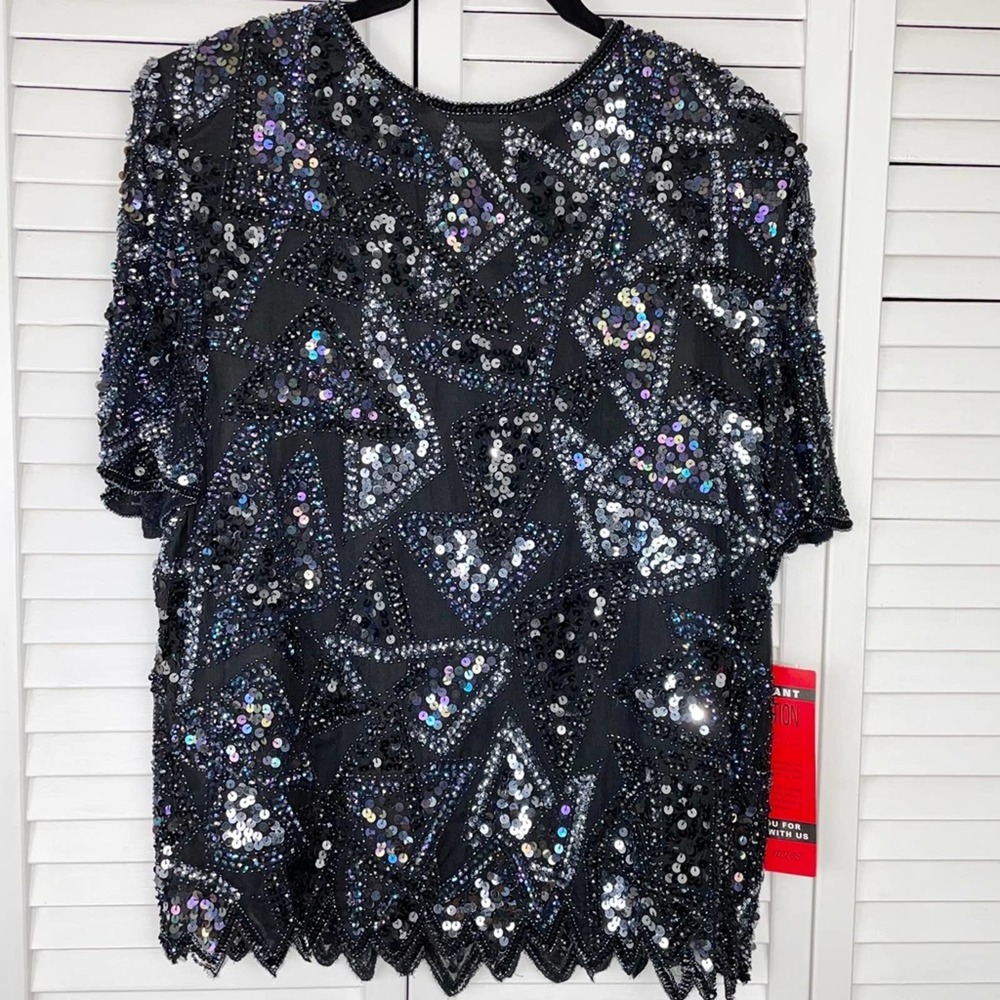 NEW! Styleworks | Beautiful Vintage 100% Silk Beaded Sequin Short Sleeve Blouse